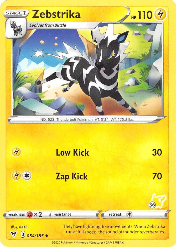 054, Battle Academy 2022, Fighting [x2], Lightning, Normal, Uncommon Zebstrika (054/185) (Pikachu Stamp #56) [Battle Academy 2022] - Trading Card World
