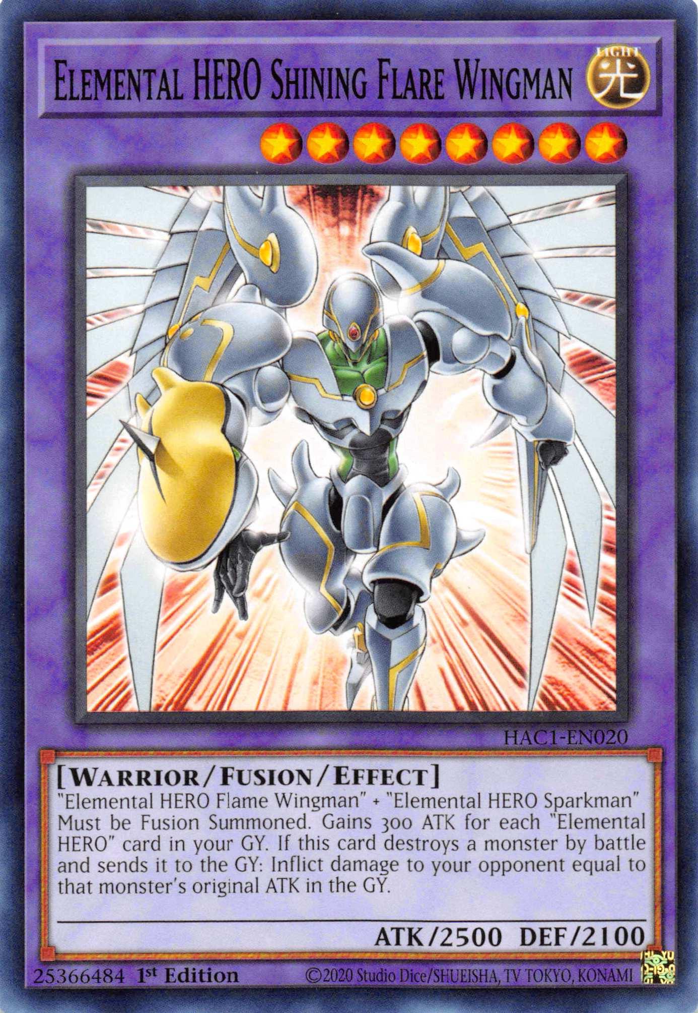 1st Edition, Common, Fusion/Effect Monster, Hidden Arsenal: Chapter 1, Light, Warrior Elemental HERO Shining Flare Wingman [HAC1-EN020] Common - Trading Card World