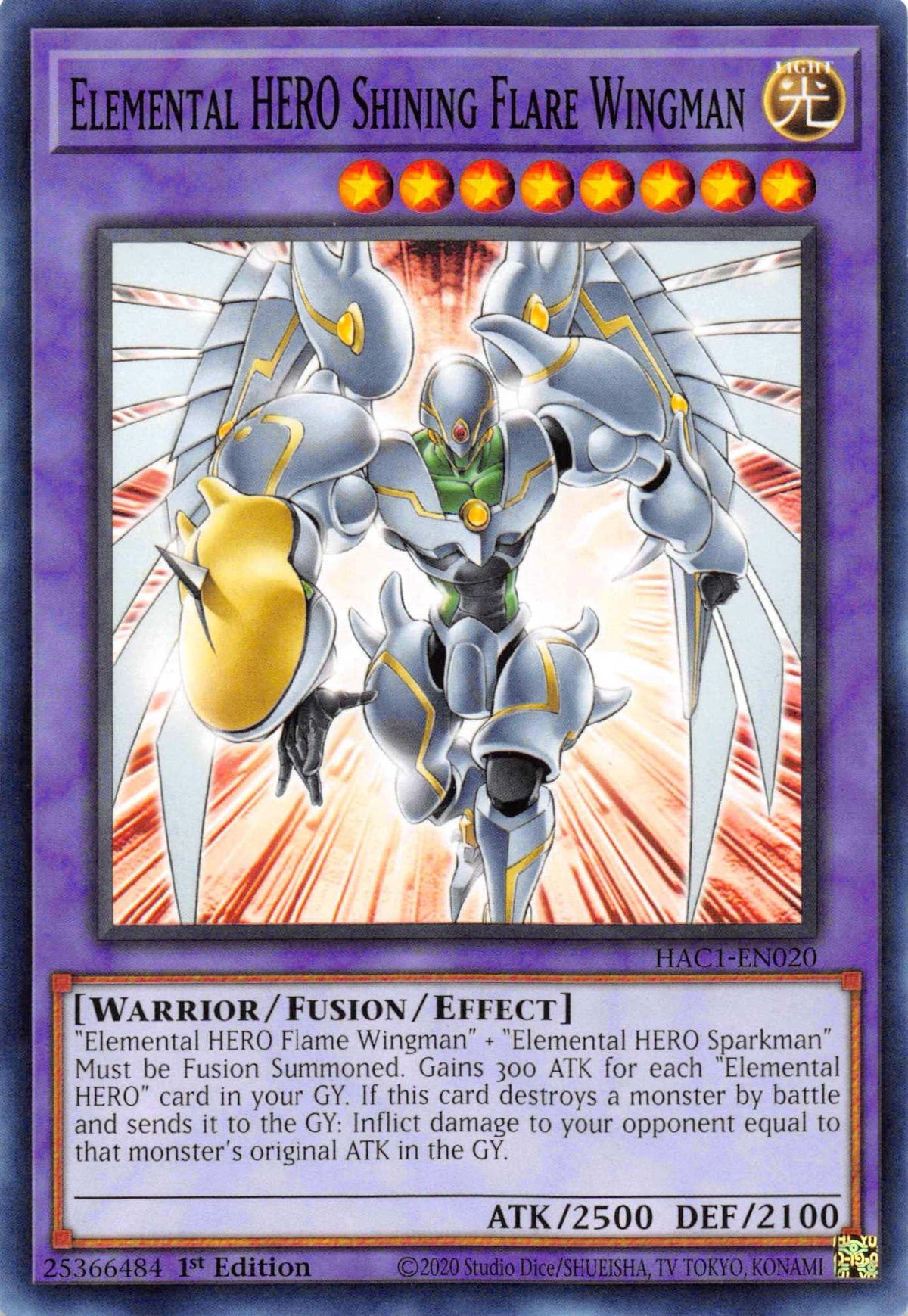 1st Edition, Common, Fusion/Effect Monster, Hidden Arsenal: Chapter 1, Light, Warrior Elemental HERO Shining Flare Wingman [HAC1-EN020] Common - Trading Card World