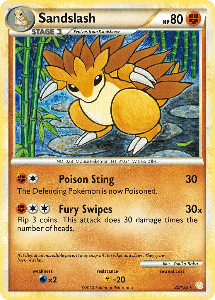 29, Fighting, HeartGold & SoulSilver: Base Set, Lightning[-20], Normal, Rare, Reverse Holofoil, Water[×2] Sandslash (29/123) [HeartGold & SoulSilver: Base Set] - Trading Card World