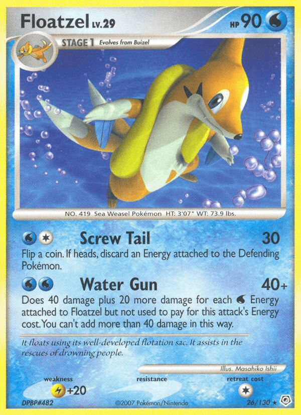 26, Diamond & Pearl: Base Set, Lightning[+20], Normal, Rare, Reverse Holofoil, Water Floatzel (26/130) [Diamond & Pearl: Base Set] - Trading Card World