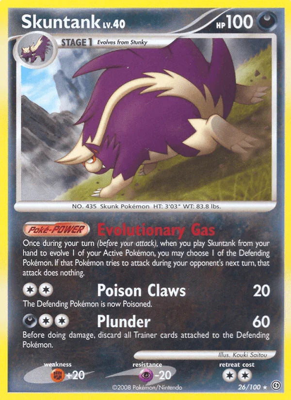 26, Darkness, Diamond & Pearl: Stormfront, Fighting[+20], Normal, Psychic[-20], Rare, Reverse Holofoil Skuntank (26/100) [Diamond & Pearl: Stormfront] - Trading Card World