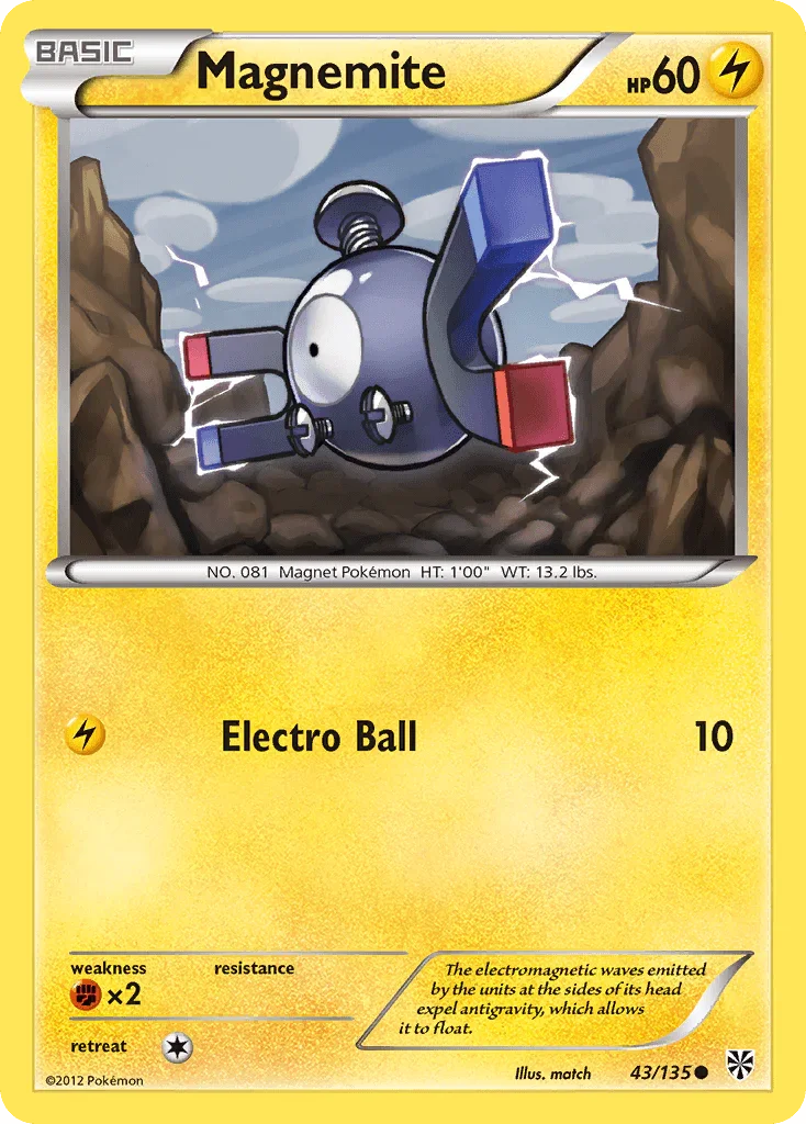 43, Black & White: Plasma Storm, Common, Fighting[×2], Lightning, Normal, Reverse Holofoil Magnemite (43/135) [Black & White: Plasma Storm] - Trading Card World