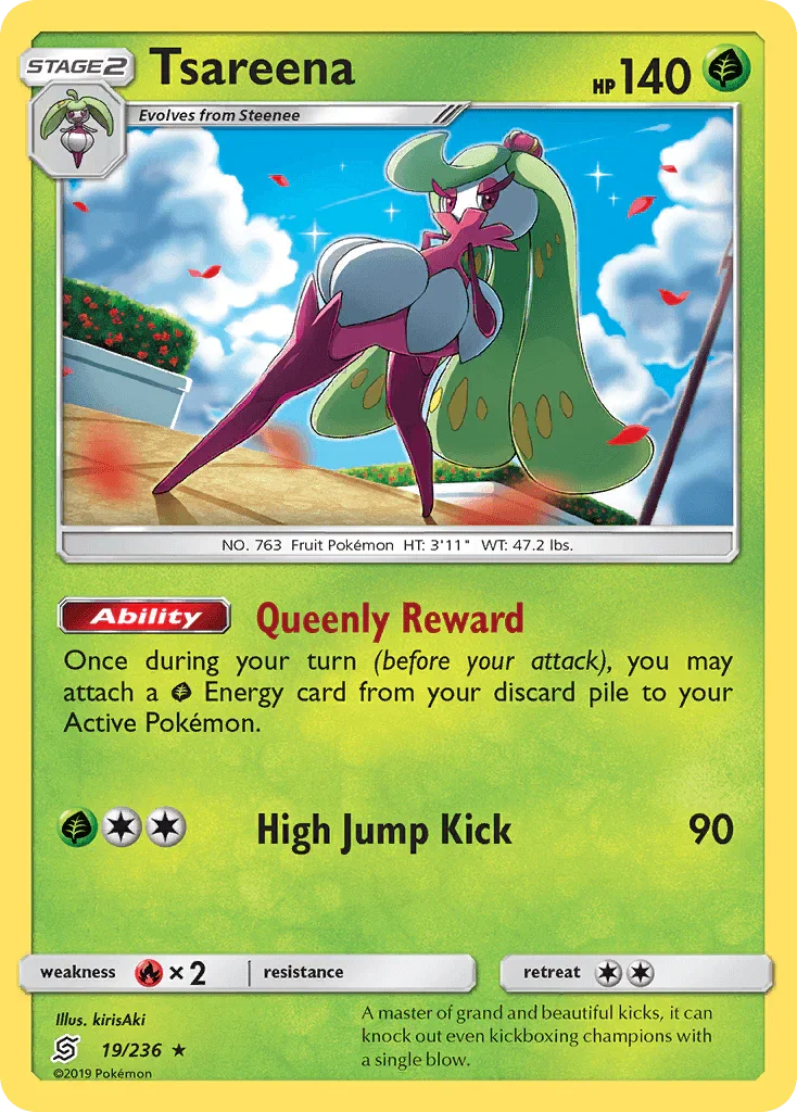 19, Fire[×2], Grass, Holo Rare, Holofoil, Reverse Holofoil, Sun & Moon: Unified Minds Tsareena (19/236) [Sun & Moon: Unified Minds] - Trading Card World