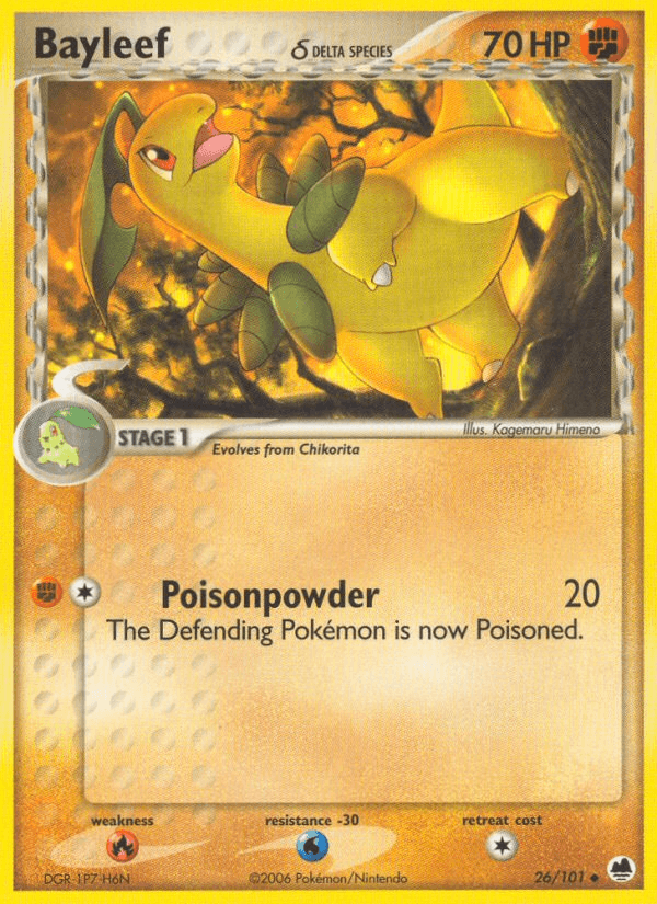 26, EX: Dragon Frontiers, Fighting, Fire[×2], Normal, Uncommon, Water[-30] Bayleef (26/101) (Delta Species) [EX: Dragon Frontiers] - Trading Card World