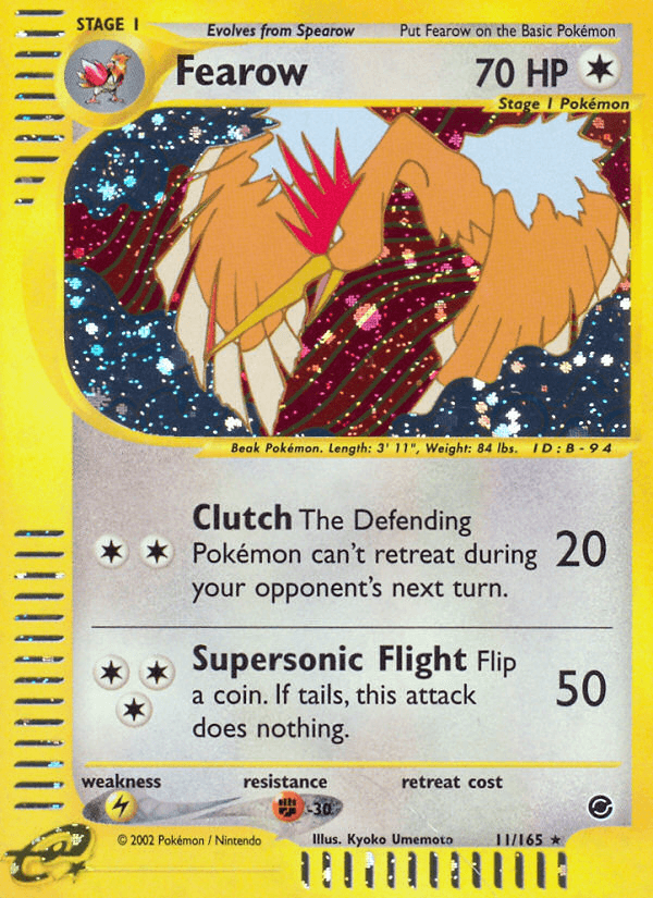 11, Colorless, Expedition: Base Set, Fighting[-30], Holo Rare, Holofoil, Lightning[×2], Normal, Reverse Holofoil Fearow (11/165) [Expedition: Base Set] - Trading Card World