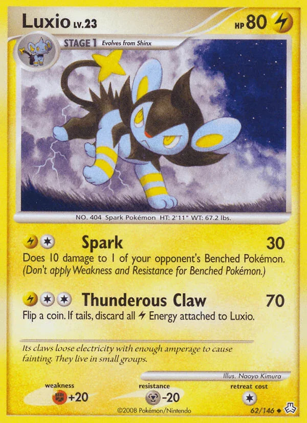 62, Diamond & Pearl: Legends Awakened, Fighting[+20], Lightning, Metal[-20], Normal, Reverse Holofoil, Uncommon Luxio (62/146) [Diamond & Pearl: Legends Awakened] - Trading Card World