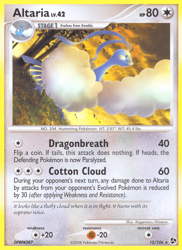 12, Colorless, Colorless[+20], Diamond & Pearl: Great Encounters, Fighting[-20], Normal, Rare, Reverse Holofoil Altaria (12/106) [Diamond & Pearl: Great Encounters] - Trading Card World
