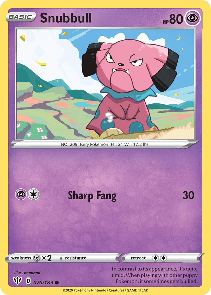 070, Common, Metal[×2], Normal, Psychic, Reverse Holofoil, Sword & Shield: Darkness Ablaze Snubbull (070/189) [Sword & Shield: Darkness Ablaze] - Trading Card World