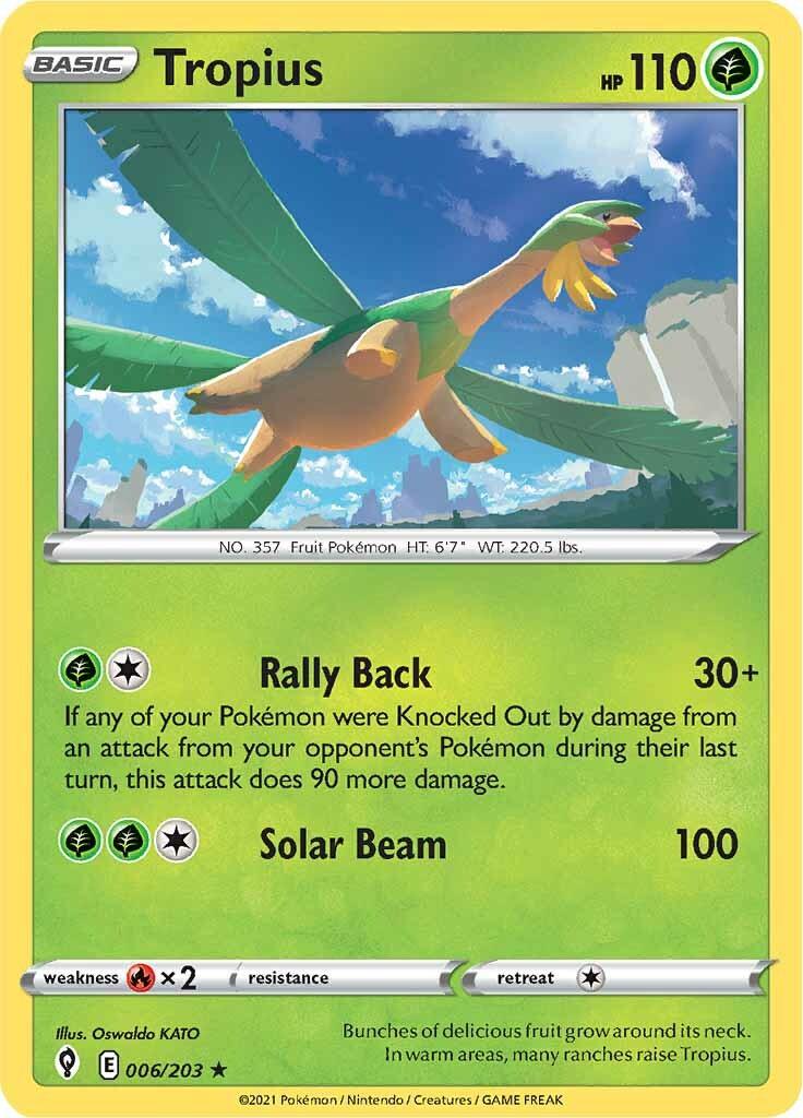 006, Fire [x2], Grass, Normal, Rare, Reverse Holofoil, Sword & Shield: Evolving Skies Tropius (006/203) [Sword & Shield: Evolving Skies] - Trading Card World