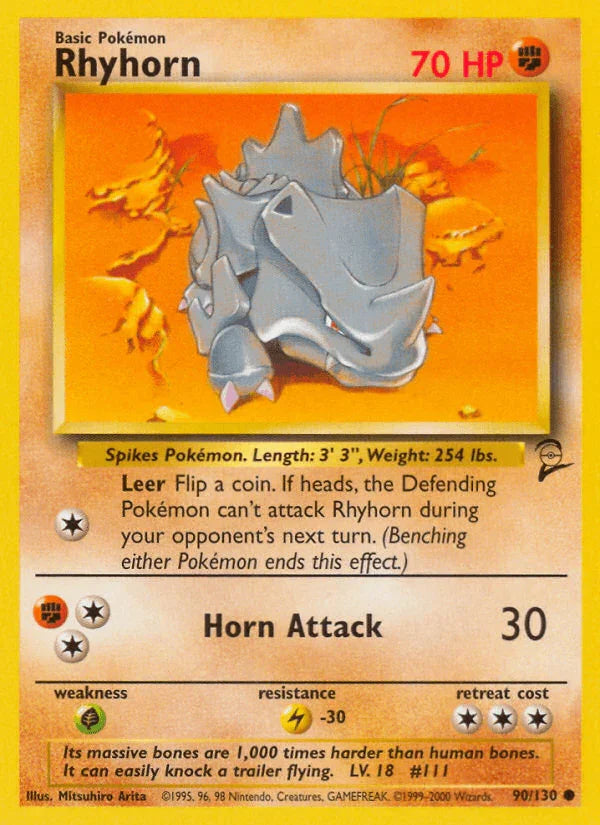 90, Base Set 2, Common, Fighting, Grass[×2], Lightning[-30], Normal Rhyhorn (90/130) [Base Set 2] - Trading Card World