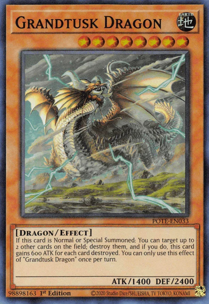 1st Edition, Dragon, Earth, Effect Monster, Power of the Elements, Super Rare, Unlimited Grandtusk Dragon [POTE-EN033] Super Rare - Trading Card World