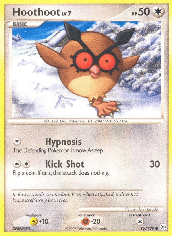 85, Colorless, Common, Diamond & Pearl: Base Set, Fighting[-20], Lightning[+10], Normal, Reverse Holofoil Hoothoot (85/130) [Diamond & Pearl: Base Set] - Trading Card World