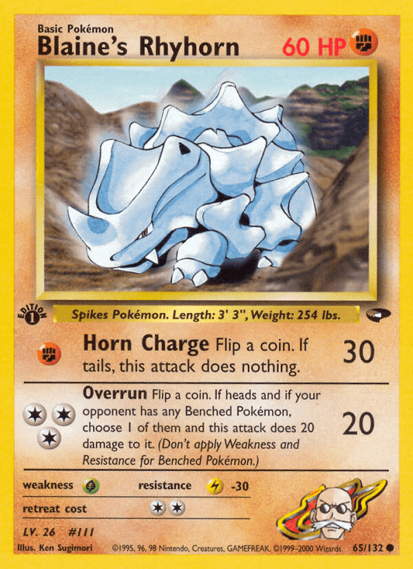 1st Edition Normal, 65, Common, Fighting, Grass[×2], Gym Challenge 1st Edition, Lightning[-30] Blaine's Rhyhorn (65/132) [Gym Challenge 1st Edition] - Trading Card World