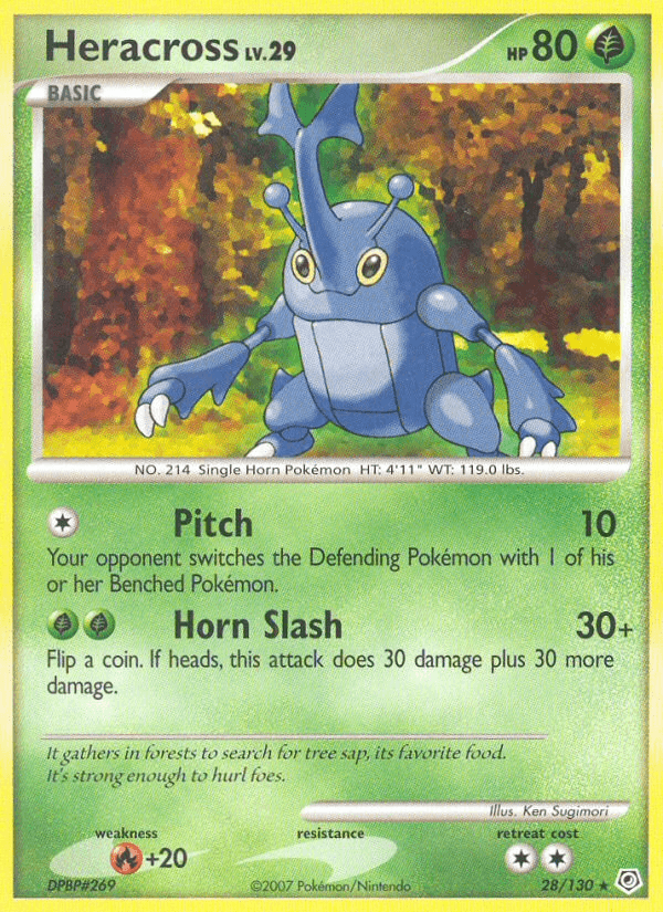 28, Diamond & Pearl: Base Set, Fire[+20], Grass, Normal, Rare, Reverse Holofoil Heracross (28/130) [Diamond & Pearl: Base Set] - Trading Card World