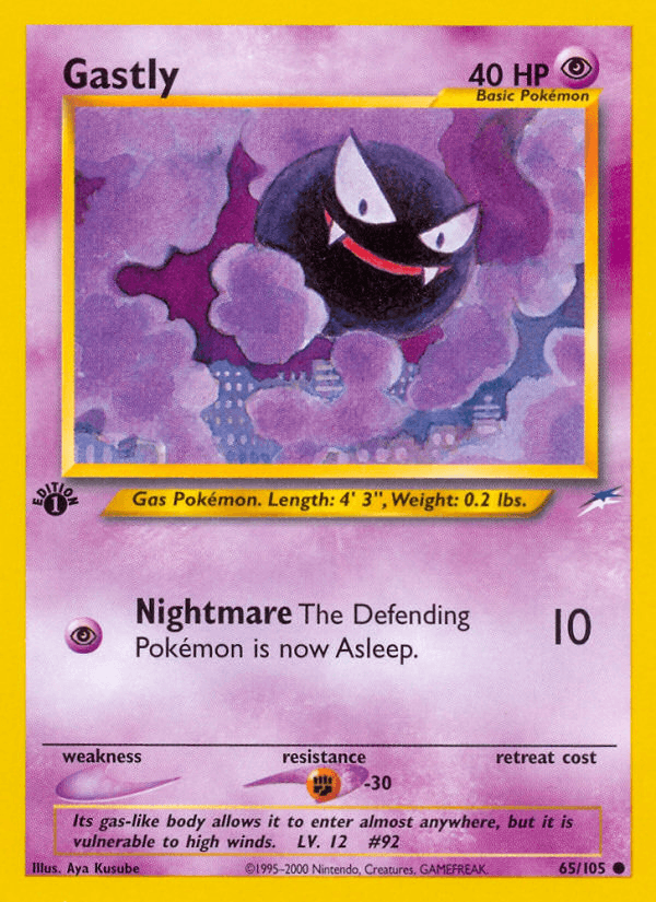 1st Edition Normal, 65, Common, Fighting[-30], Neo Destiny 1st Edition, Psychic Gastly (65/105) [Neo Destiny 1st Edition] - Trading Card World