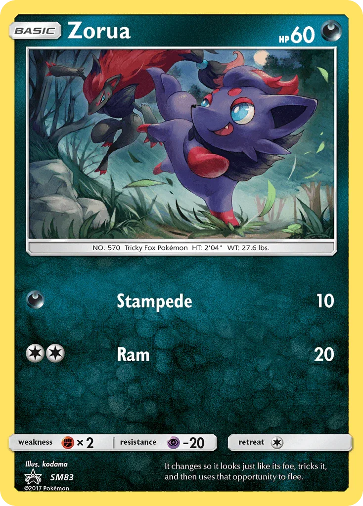 Black Star Promo, Darkness, Fighting[×2], Holofoil, Psychic[-20], SM83, Sun & Moon: Black Star Promos Zorua (SM83) [Sun & Moon: Black Star Promos] - Trading Card World