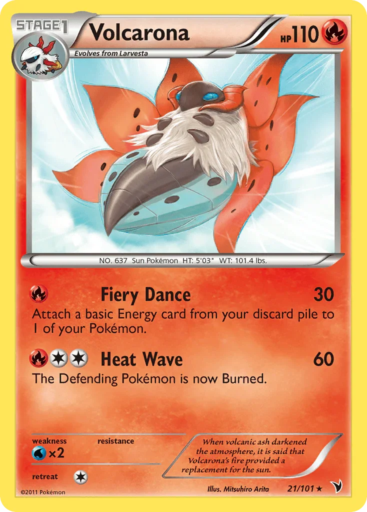 21, Black & White: Noble Victories, Fire, Normal, Rare, Reverse Holofoil, Water[×2] Volcarona (21/101) [Black & White: Noble Victories] - Trading Card World