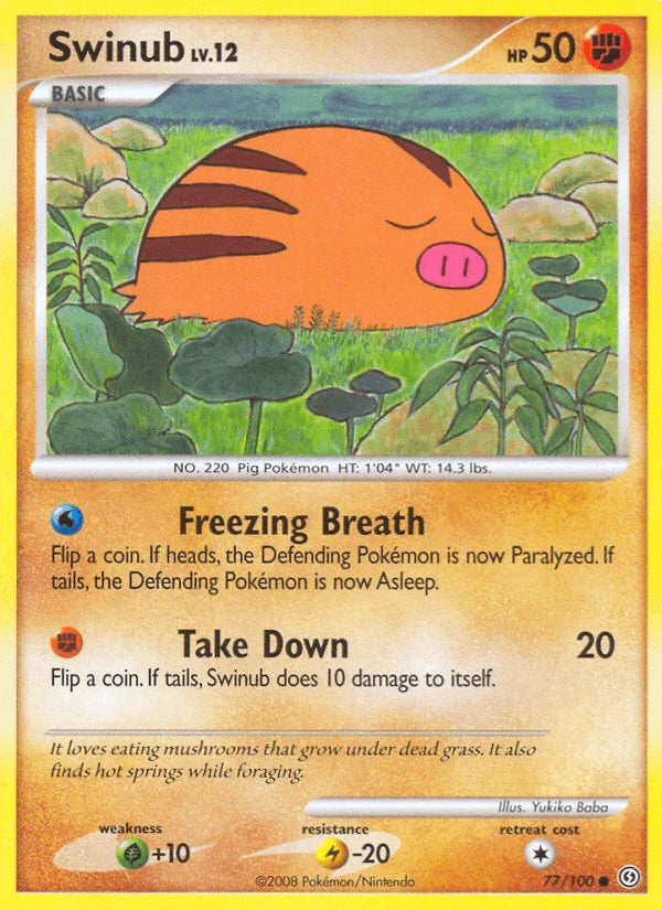 77, Common, Diamond & Pearl: Stormfront, Fighting, Grass[+10], Lightning[-20], Normal, Reverse Holofoil Swinub (77/100) [Diamond & Pearl: Stormfront] - Trading Card World