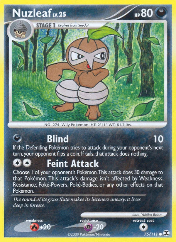 75, Common, Darkness, Fire[+20], Normal, Platinum: Rising Rivals, Psychic[-20], Reverse Holofoil Nuzleaf (75/111) [Platinum: Rising Rivals] - Trading Card World