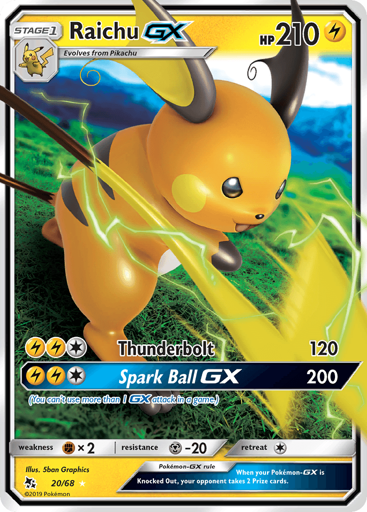 20, Fighting[×2], Holofoil, Lightning, Metal[-20], Sun & Moon: Hidden Fates, Ultra Rare Raichu GX (20/68) [Sun & Moon: Hidden Fates] - Trading Card World