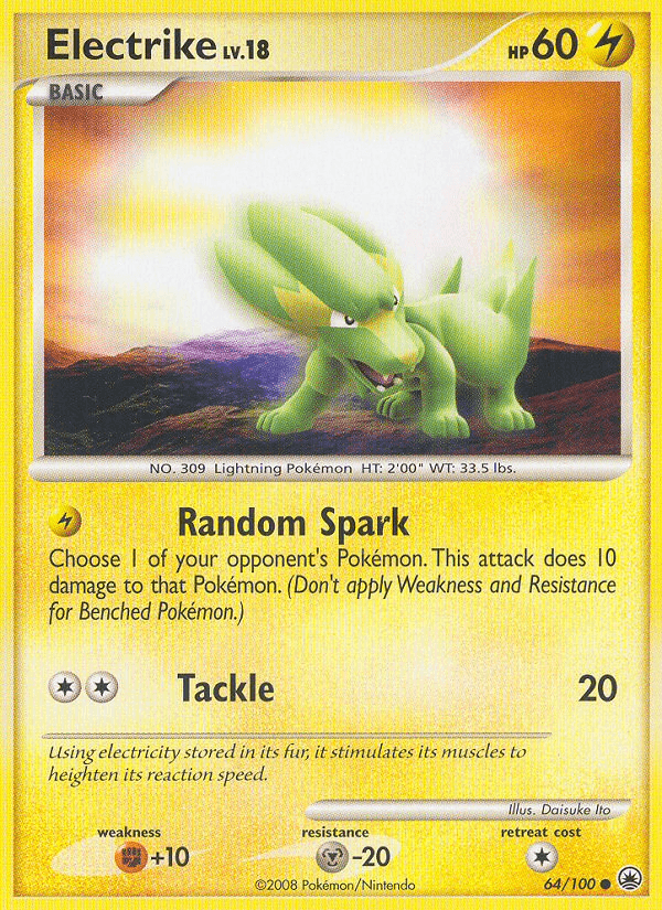 64, Common, Diamond & Pearl: Majestic Dawn, Fighting[+10], Lightning, Metal[-20], Normal, Reverse Holofoil Electrike (64/100) [Diamond & Pearl: Majestic Dawn] - Trading Card World