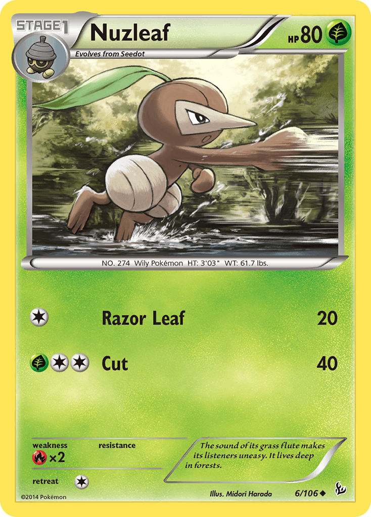 Fire[×2], Grass, Normal, Reverse Holofoil, Uncommon, XY: Flashfire Nuzleaf (6/106) [XY: Flashfire] - Trading Card World