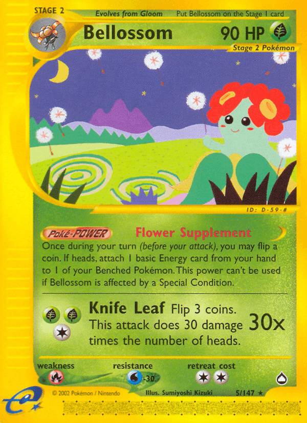 Aquapolis, Fire[×2], Grass, Normal, Rare, Reverse Holofoil, Water[-30] Bellossom (5/147) [Aquapolis] - Trading Card World
