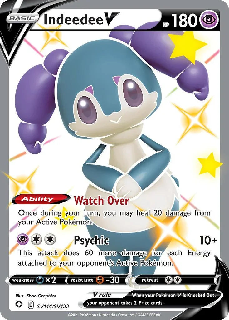 Darkness[×2], Fighting[-30], Holofoil, Psychic, SV114, Sword & Shield: Shining Fates, Ultra Rare Indeedee V (SV114/SV122) [Sword & Shield: Shining Fates] - Trading Card World