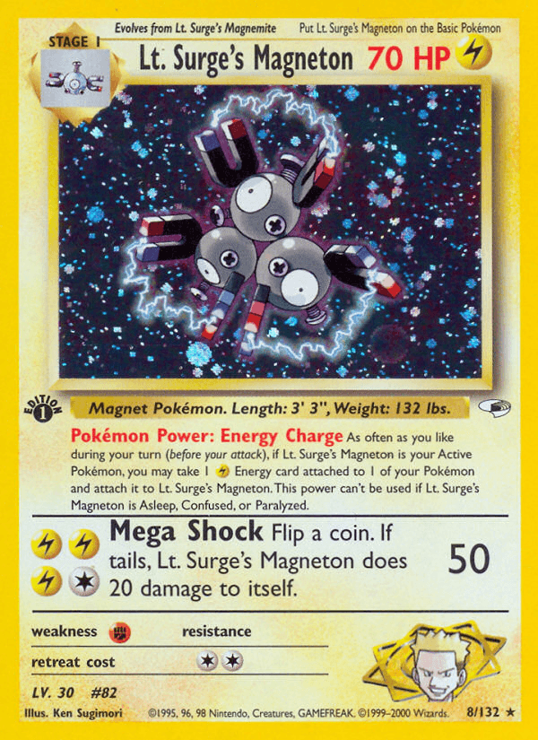 1st Edition Holofoil, Fighting[×2], Gym Heroes 1st Edition, Holo Rare, Lightning Lt. Surge's Magneton (8/132) [Gym Heroes 1st Edition] - Trading Card World
