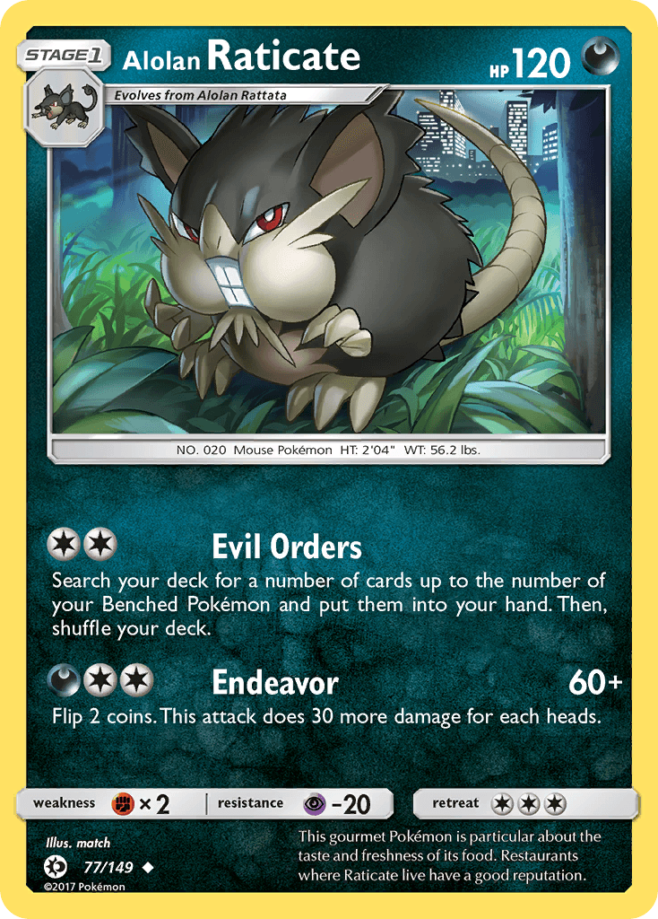 77, Darkness, Fighting[×2], Normal, Psychic[-20], Reverse Holofoil, Sun & Moon: Base Set, Uncommon Alolan Raticate (77/149) [Sun & Moon: Base Set] - Trading Card World
