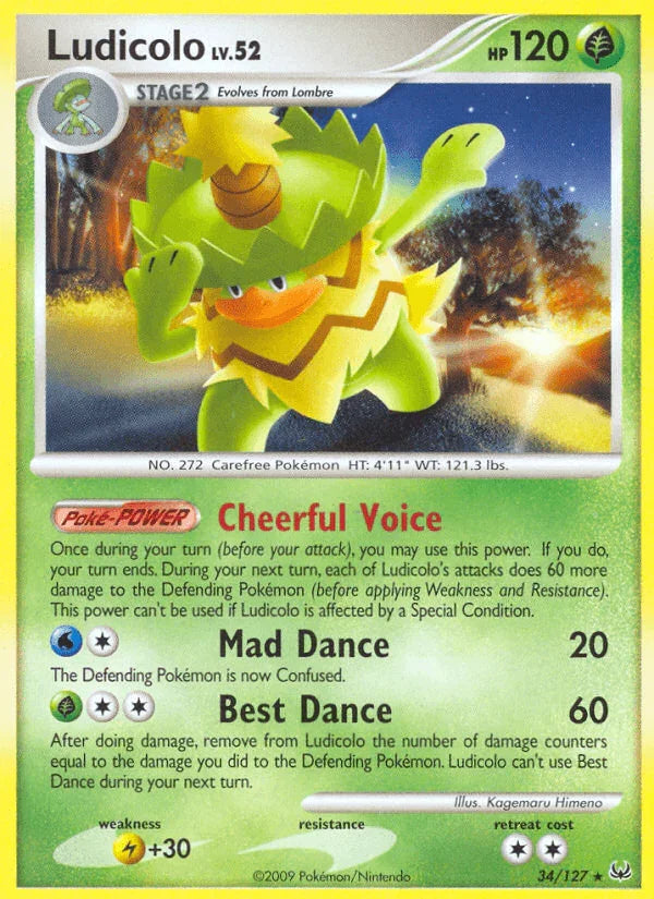 34, Grass, Lightning[+30], Normal, Platinum: Base Set, Rare, Reverse Holofoil Ludicolo (34/127) [Platinum: Base Set] - Trading Card World