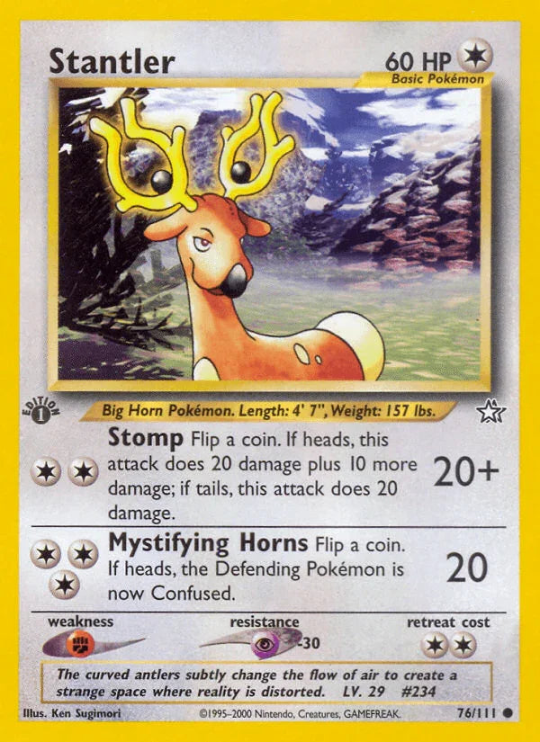 1st Edition Normal, 76, Colorless, Common, Fighting[×2], Neo Genesis 1st Edition, Psychic[-30] Stantler (76/111) [Neo Genesis 1st Edition] - Trading Card World