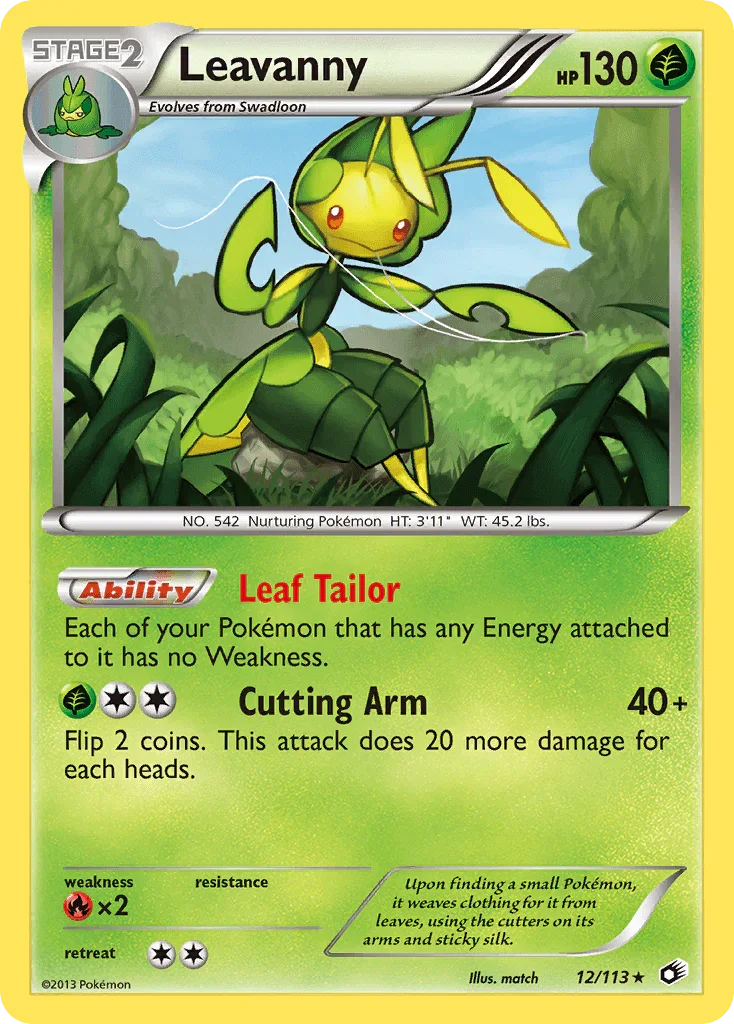 12, Black & White: Legendary Treasures, Fire[×2], Grass, Holo Rare, Holofoil, Reverse Holofoil Leavanny (12/113) [Black & White: Legendary Treasures] - Trading Card World