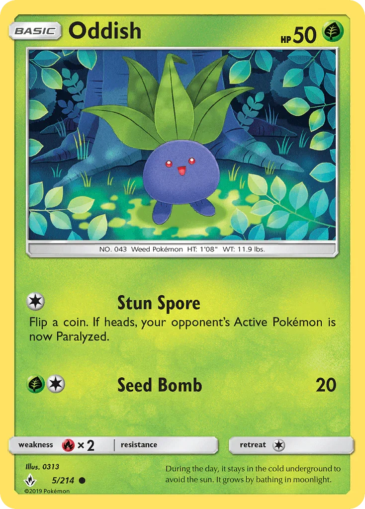 Common, Fire[×2], Grass, Normal, Reverse Holofoil, Sun & Moon: Unbroken Bonds Oddish (5/214) [Sun & Moon: Unbroken Bonds] - Trading Card World