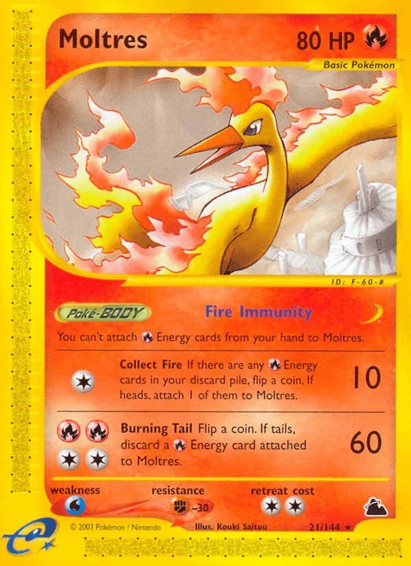 21, Fighting[-30], Fire, Normal, Rare, Reverse Holofoil, Skyridge, Water[×2] Moltres (21/144) [Skyridge] - Trading Card World
