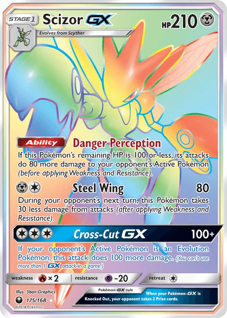 175, Fire[×2], Holofoil, Metal, Psychic[-20], Secret Rare, Sun & Moon: Celestial Storm Scizor GX (175/168) [Sun & Moon: Celestial Storm] - Trading Card World