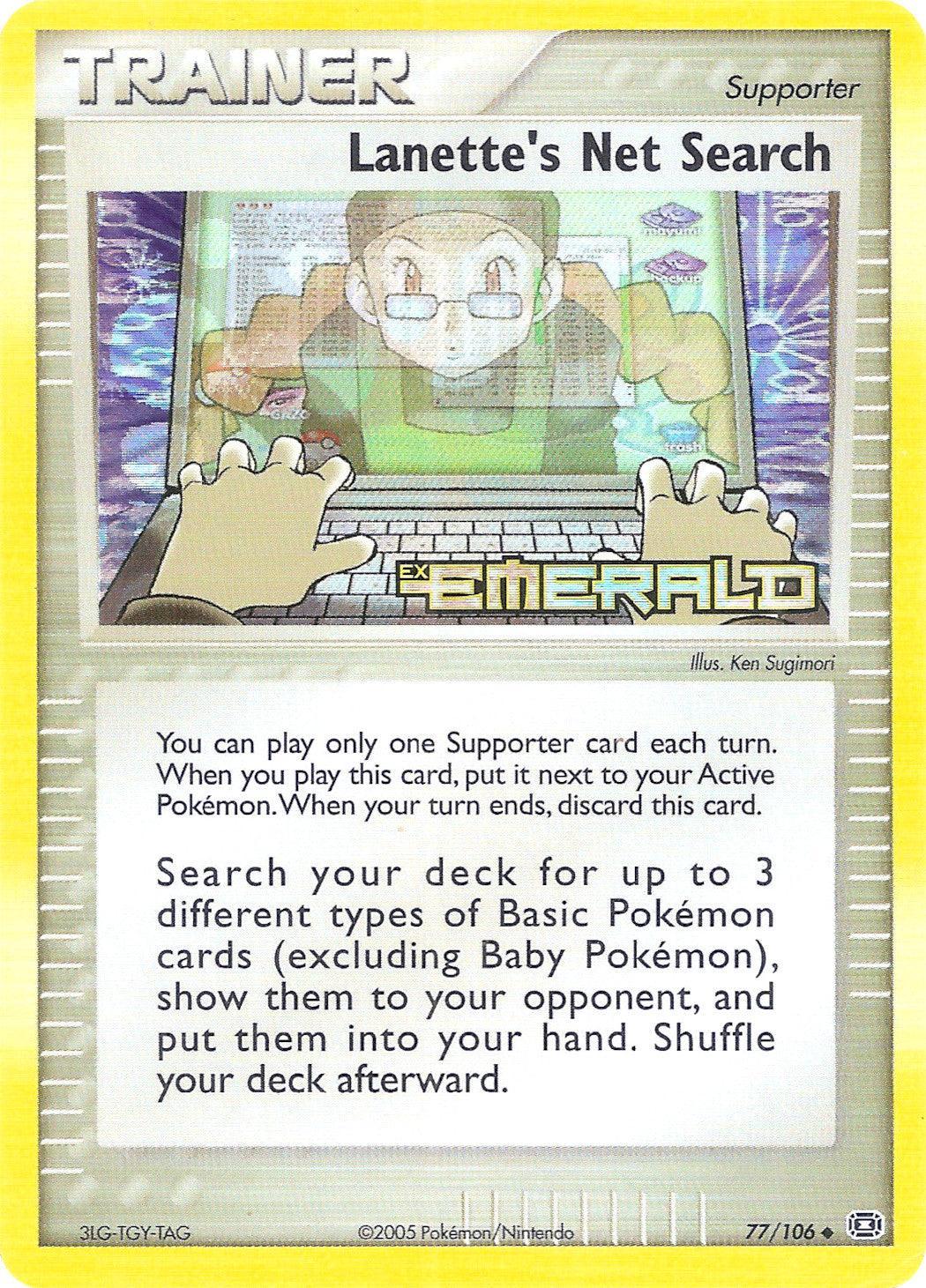 77, EX: Emerald, Reverse Holofoil, Supporter, Uncommon Lanette's Net Search (77/106) (Stamped) [EX: Emerald] - Trading Card World