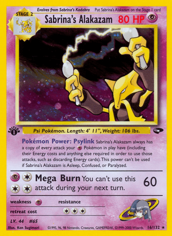 16, 1st Edition Holofoil, Gym Challenge 1st Edition, Holo Rare, Psychic, Psychic[×2] Sabrina's Alakazam (16/132) [Gym Challenge 1st Edition] - Trading Card World