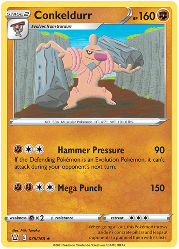 075, Fighting, Normal, Psychic[x2], Rare, Reverse Holofoil, Sword & Shield: Battle Styles Conkeldurr (075/163) [Sword & Shield: Battle Styles] - Trading Card World