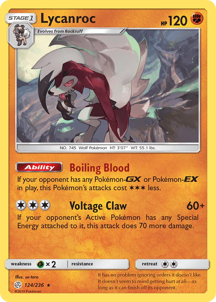 124, Fighting, Grass[×2], Holo Rare, Holofoil, Reverse Holofoil, Sun & Moon: Cosmic Eclipse Lycanroc (124/236) [Sun & Moon: Cosmic Eclipse] - Trading Card World