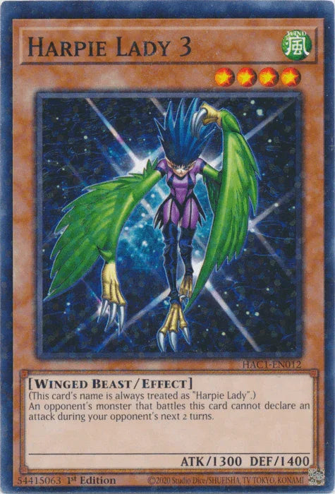 1st Edition, Common, Effect Monster, Hidden Arsenal: Chapter 1, Wind, Winged Beast Harpie Lady 3 (Duel Terminal) [HAC1-EN012] Common - Trading Card World