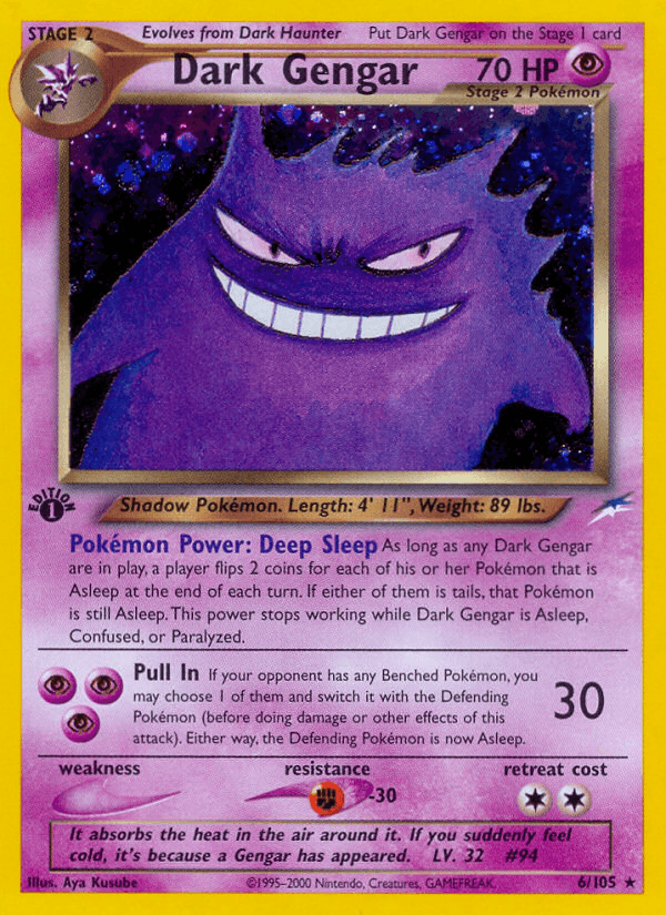 1st Edition Holofoil, Fighting[-30], Holo Rare, Neo Destiny 1st Edition, Psychic Dark Gengar (6/105) [Neo Destiny 1st Edition] - Trading Card World