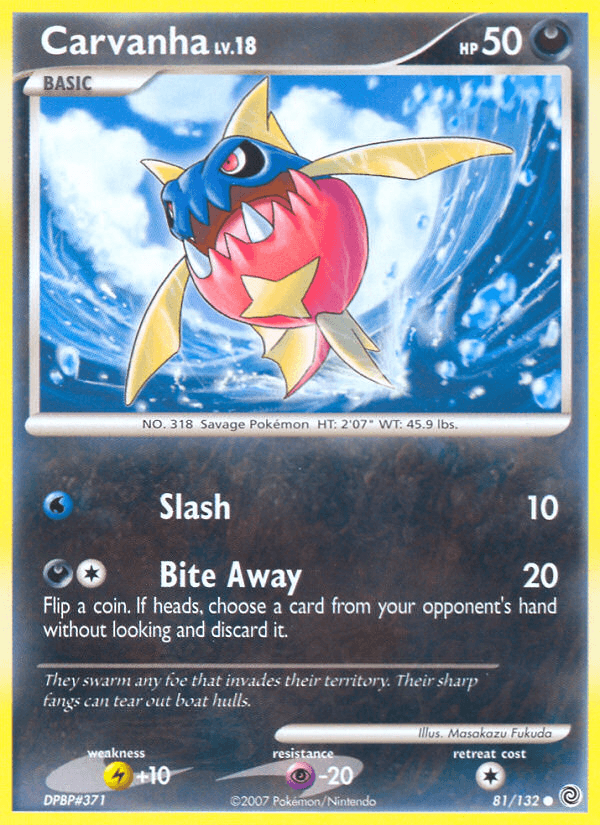 81, Common, Darkness, Diamond & Pearl: Secret Wonders, Lightning[+10], Normal, Psychic[-20], Reverse Holofoil Carvanha (81/132) [Diamond & Pearl: Secret Wonders] - Trading Card World