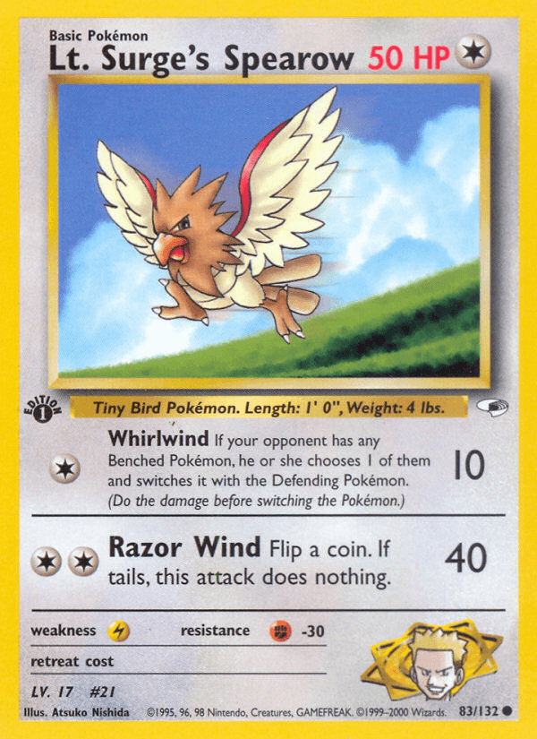1st Edition Normal, 83, Colorless, Common, Fighting[-30], Gym Heroes 1st Edition, Lightning[×2] Lt. Surge's Spearow (83/132) [Gym Heroes 1st Edition] - Trading Card World