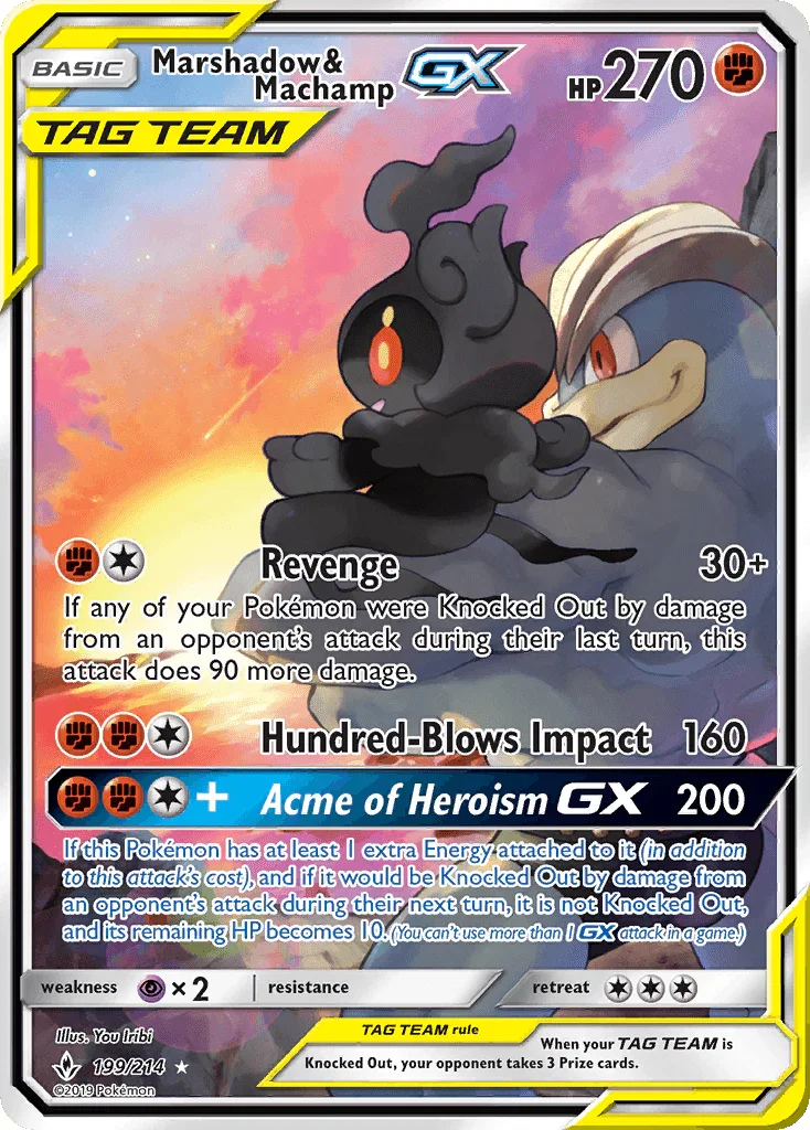 199, Fighting, Holofoil, Psychic[×2], Sun & Moon: Unbroken Bonds, Ultra Rare Marshadow & Machamp GX (199/214) [Sun & Moon: Unbroken Bonds] - Trading Card World