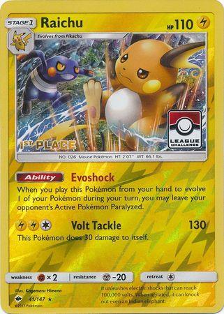 41, Fighting[×2], Lightning, Metal[-20], Promo, Reverse Holofoil, Sun & Moon: Burning Shadows Raichu (41/147) (League Promo 1st Place) [Sun & Moon: Burning Shadows] - Trading Card World