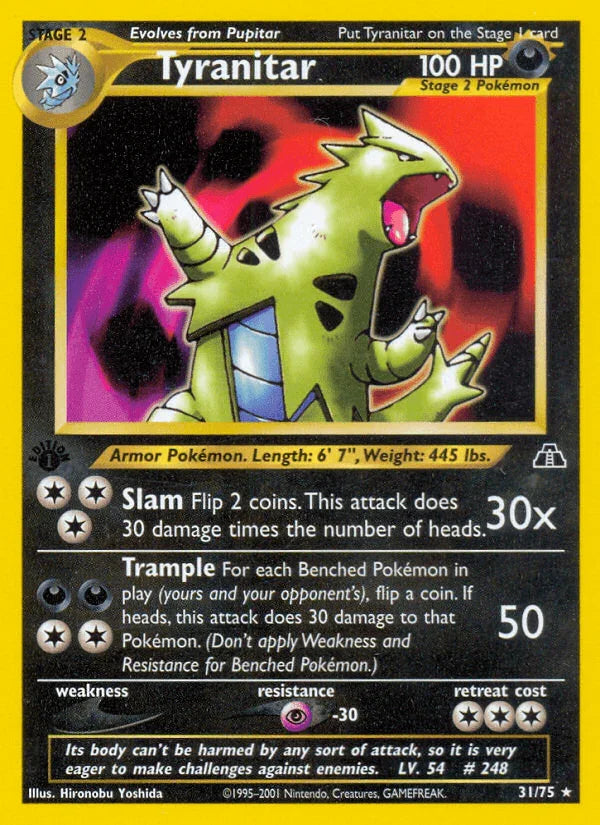 1st Edition Normal, 31, Darkness, Neo Discovery 1st Edition, Psychic[-30], Rare Tyranitar (31/75) [Neo Discovery 1st Edition] - Trading Card World