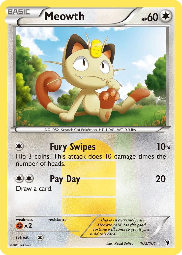 102, Black & White: Noble Victories, Colorless, Fighting[×2], Holofoil, Secret Rare Meowth (102/101) [Black & White: Noble Victories] - Trading Card World