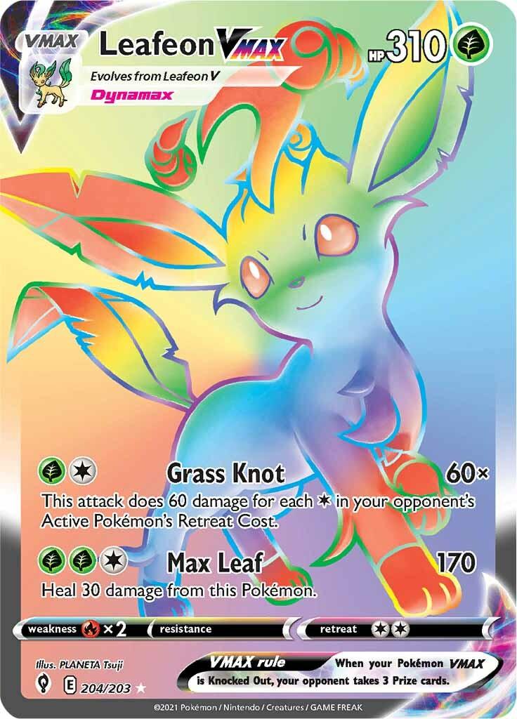 204, Fire [x2], Grass, Holofoil, Secret Rare, Sword & Shield: Evolving Skies Leafeon VMAX (204/203) [Sword & Shield: Evolving Skies] - Trading Card World